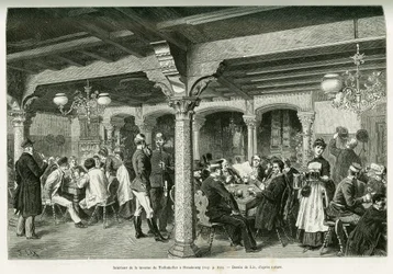 ストラスブールの酒場「ティーフェンケラー」の内部。エドゥアール・シャルトン（1807-1890）が監督した1888年のツアー・デュ・モンドに参加したドイツ人代官シャルル・グラッドが1887年に行った「アルザスとロレーヌを通って」の物語を説明するためにリックスが描いた版画。