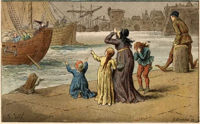 人気のある曲です。"A Nantes est arrive"。水夫に連れ去られた海を嘆く子供たち。"Chansons et rounds enfantines des provinces de la France "のフレデリック・セオドア・リックス（1830-1897）によるイラスト（詳細）。
