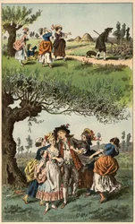 人気のある曲です。"We were three girls".イラストはフレデリック・セオドア・リックス（1830-1897）の "Chansons et rounds enfantines des provinces de la France "による。