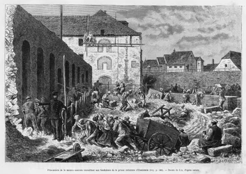 エンシスハイム独房監獄の基礎工事をする中央舎の囚人たち。1884年にドイツ人旅行者シャルル・グラッドが描いた「アルザスとロレーヌを横断する」という物語を説明するためにリックスが描いたもので、1886年にエドゥアール・シャールが監督した「le tour du monde」に収録されています。