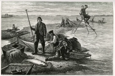 鮭釣り。ドイツの代官、作家、博物学者であるチャールズ・グラッド（1842-1890）が1884年に発表した「アルザスとロレーヌを通って」という物語の挿絵として、F.Lixが描いたもの。Le Tour du monde, nouveau journal des voyages, second semester 1885, edited by