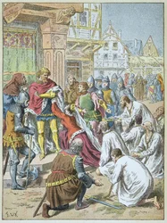 1346年から1347年にかけてエドワード3世がカレーを包囲。王妃フィリッパ・ド・ハイノーは、花婿にカレーのブルジョアを認めるよう懇願した。