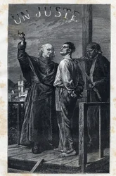 足場に登る死刑囚に付き添うイヴク・マリエル - Frederic Theodore Lix (1830-1897)による「The Miserables - First Part」のためのイラスト。ヴィクトル・ユーゴー（1802-1885）の「ファンティーヌ」1862年作