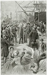 ヴィクトルユーゴーは、1852年8月1日、19世紀の亡命中の演説中に世界的な共和国を歓迎します（bw彫刻）