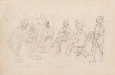 1879年2月にダッカで行われたカバニャーリとラルプラのカーンとの会談の様子（鉛筆