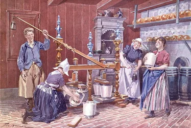 オランダのチーズ生産、1900年頃（カラーリトグラフ）