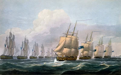 HMSテセウスのベレスフォード大尉、J。ラルフ作「イギリスの海軍年代学」から艦隊を率いて1820年