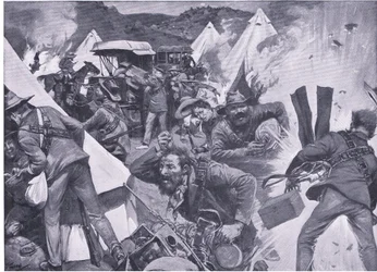 アフタープレトリアからの砲撃のもと、Nooitgedachtでイギリスのキャンプを略奪するボーアーズ：ゲムズ戦争ハームズワースブロスリミテッド発行、1901年