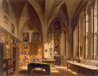 チャプターハウスの内部。J。ブラック（fl.1791-1831）pubによって刻まれた「オックスフォードの歴史」のイラスト。 R.アッカーマン、1813年（アクアチント）