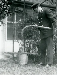 Tawny Frogmouthにシャワーを与えるキーパートーマスラゲット、ロンドン動物園、1924年