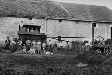 1890年頃、オートマルヌ(Haute Marne)のブルモン(Bourmont)近くの農場で、農業従事者と報道関係者が干し草のブーツを結んでいる。写真撮影。デュコス・コレクション。