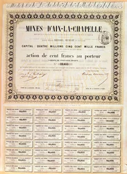 1856年のアーヘン鉱山のベアラー株100フラン
