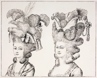 贅沢なヘアスタイルと帽子をかぶった18世紀のフランスの少女、1875年