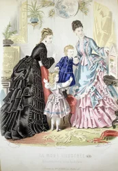 女性2人と子供2人。ファッション - "Album de la Mode illustrée "にて