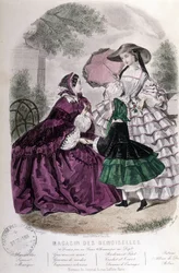 2人の女性と1人の少女。ファッション-「Magazine des damoiselles」にて。1858