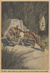 虎に連れ去られたイギリス軍将校が、ピストルで虎を仕留める力を得た（カラーリトグラフ