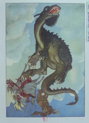 空から落ちてくるドラゴン、ハンガリーの物語「妖精ペルヴァンシュの物語」のイラスト、1910年頃（カラーリソ）