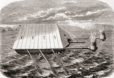 13世紀のラテン語の写本に描かれたギリシャの火の船（1870年頃出版の「Les Merveilles de la Science」より）（エングレーヴィング