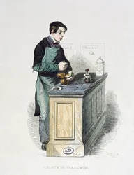 薬を準備している薬学の学生、レフランセpeints par-themselvesのイラスト、エディションL.カーマー、1841年（カラー彫刻）