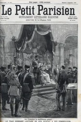 欧州列強への軍縮提案 - 顧問に原稿を読み上げる皇帝ニコライ2世（1868-1918）。ル・プチ・パリジャン