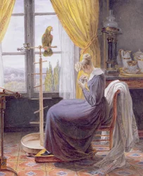 内部でオウムを食べさせる女性、1820年頃（紙にガッシュを塗ったトイレ）