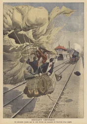 急行列車が接近する線路上に着陸する気球（カラーリトグラフ