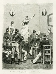 ブール・レオポルドのカフェでの歌声。エドゥアール・シャルトン（1807-1890）監督の『le tour du monde 1886』に収録されているカミーユ・レモニエの『La Belgique』の挿絵をA.Hubertが描いたもの。
