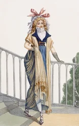 カントリースタイルのウォーキングドレス、Journal des Dames et des Modesのイラスト、1797年