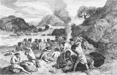 石器時代のごちそう、ルイフィグイエのLHomme Primitifのイラスト、1870年にHachetteから出版