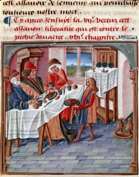 貧しい人々と食卓を共にする男性 ミニチュア 「ジャック・ルグランのボンヌ・モアールの生活」1490年 シャンティイ、コンデ美術館より引用
