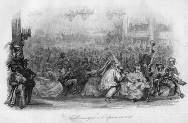 1843年のパリ・オペラ座での仮面舞踏会。("Le carnival" song par Marc-Antoine Madeleine Desaugiers) in "- CHANS et CHANS POPULES DE LA FRANCE - 1843 - H.- L. DELLOYE, publisher, LIBRAIRIE DE GARNIER.