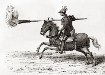 1870年頃に出版された『Les Merveilles de la Science』に掲載された、世界初の火薬兵器のひとつであるファイヤーランス（火の槍）を持つ中世の騎士（エングレーヴィング）。