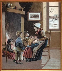 焚き火のそばで子供たちに物語を語る母親。Les tales du foyer pour les petits "という本の表紙。19世紀の匿名のエングレーヴィング。