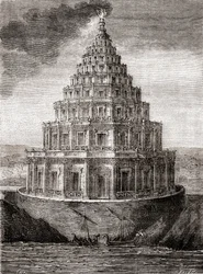 紀元前280年から247年にかけてプトレマイオス王国が建設した「アレキサンドリアの灯台」（別名「アレキサンドリアのファロス」）を19世紀に想像して描いたもので、1870年頃に出版された「Les Merveilles de la Science」に掲載されています（エングレーヴィング）。