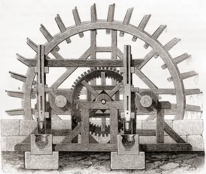 19世紀に描かれた粉ひき機とその水車（1870年頃出版の『科学の傑作』より）（エングレーヴィング