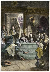 フランスの作家Jean de La Fontaine（1621-1695）、Nicolas Boileau-Despreaux（Boileau Despreaux）（1636-1711）、劇作家Jean Baptiste Poquelin dit Moliere（1622-1673）、詩人Jean Racine（1639-1699）を集めたサロン（Cabaret） - La Fontaine, Boilea