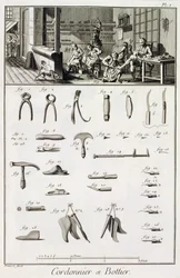 Denis Diderot（1713-84）によるEncyclopedie des Sciences et Metiersの靴とブーツメーカーとその道具、1770年頃発行