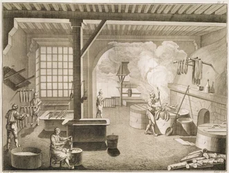 Denis Diderot（1713-84）によるEncyclopedie des Sciences et Metiersのシルク染色工房は、1770年に出版されました