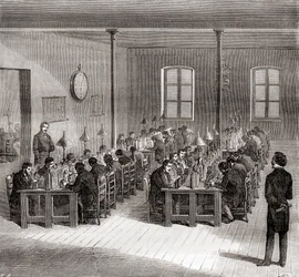 1870年頃のフランス・パリの電信局。1870年頃に出版された『Les Merveilles de la Science』より(engaving)