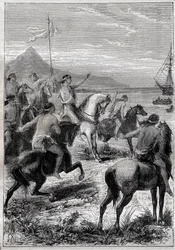 馬に乗った隊員が白い旗をつけていた。副提督ジョン・バイロン（1723-1786）は、1764年にマゼラン・デトロイトの東口にあるケープ・デ・ヴィランズの原住民に謁見した - "The Great Mariners of the 18 century "より