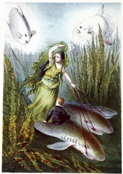 サメに乗って巨大魚から逃げる女性と少年 - H・ド・ラ・ブランシェール著『海の底への旅』所収。Paris, ed.Jouvet et Cie, sd.1880.
