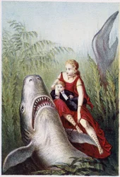 サメに乗る女性と少年 - H. de la Blanchèreの「海の底への旅」にて。Paris, ed.Jouvet et Cie, sd.1880.