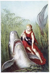 サメに乗る女性と少年 - H. de la Blanchèreの「海の底への旅」にて。Paris, ed.Jouvet et Cie, sd.1880.(ダブル02943)