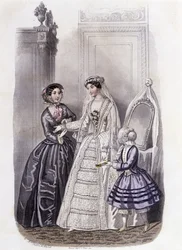 ウェディングドレスを着た女性が少女と淑女に囲まれている様子 - 1852年の「Journal des Demoiselles」に掲載されています。