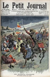 1908年3月、エチオピア、襲撃するアビシニアンの酋長（エチオピアとソマリアの国境でキリスト教徒のアビシニアンがモスレムのソマリア人と戦っている）、Le Petit Journal（彫刻）より
