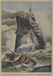 フランスの装甲巡洋艦「アドミラル・オーブ」によるスピードテスト中の漁船の沈没事故（カラーリトグラフ