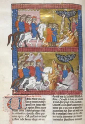 追加。 15268、f.75v オイディプス、コリントスの王ポリバスによって発見、「Le Livre des ansienes estoires」のイラスト、1285 年頃（ベラム）