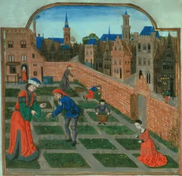 追加 19720 f.165 Pietro de Crescenzi (1230-1320) 作「Livre des Profits Ruraux」より、壁に囲まれた町の庭 (ベラム)