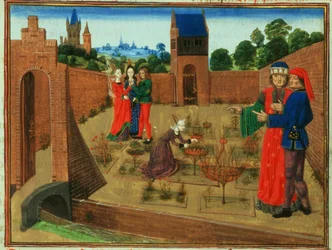 Add 19720 fol.214 Walled garden with a woman gardening and others gossiping, from Livre des Prouffits Champetres et Ruraulx by Pietro de Crescenzi (1230-1320) (vellum)   1352492   ja       japanese Successfully Translated  Original: ""Representation de sai
