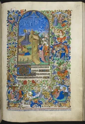 Ms 18850 f.208r、受難の時間: 庭園の苦悩、ボーダーに追加のシーンを追加、Book of Hours (The Bedford Hours) c.1410-30 (ベラムにインク、カラー、ゴールド) から